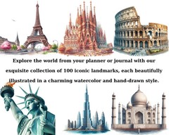 Watercolor Landmarks Clipart, Eiffel Tower Png, Taj Mahal, Statue of Liberty