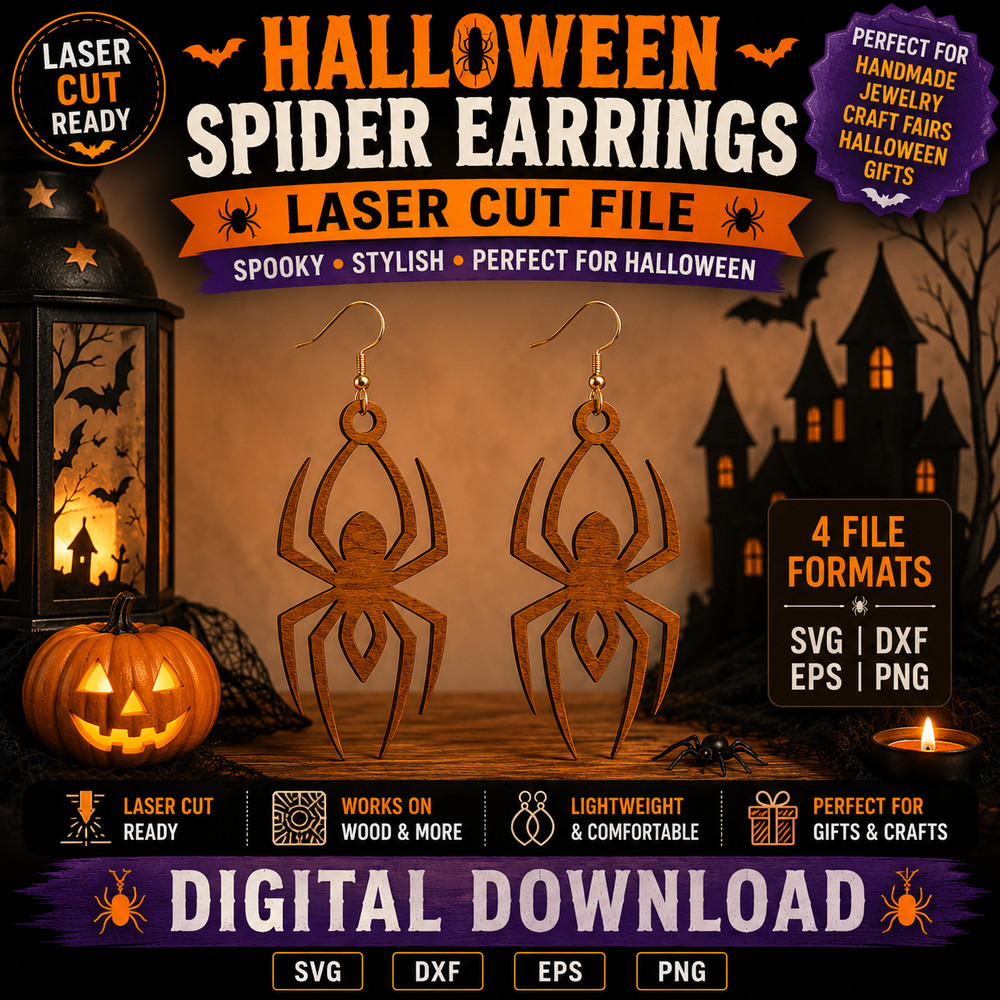 Halloween Spider Earrings SVG Laser Cut File Glowforge Cricut DXF PNG EPS
