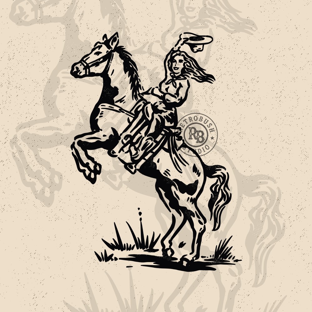 Cowgirl on Rearing Horse Vintage – Digital Download (PNG, SVG, EPS)