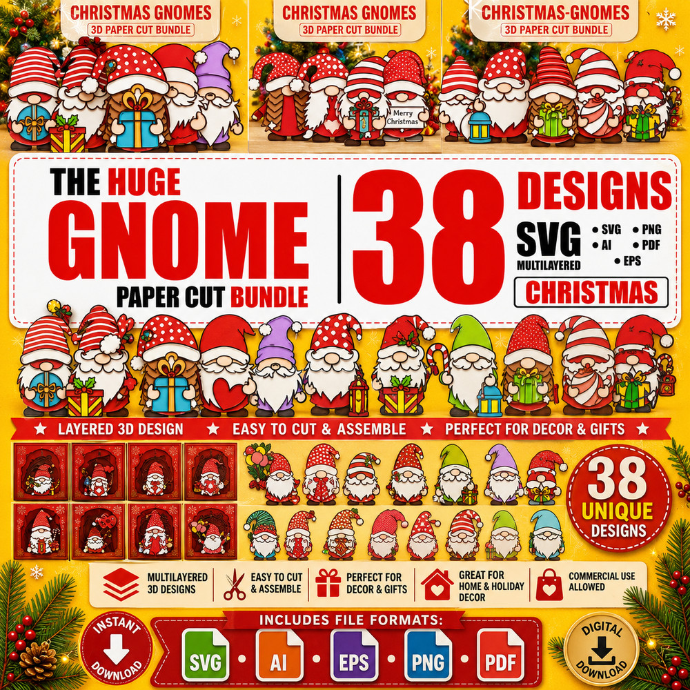 Christmas Gnome SVG Bundle, 38 Designs Multilayer 3D Papercut, Digital Download