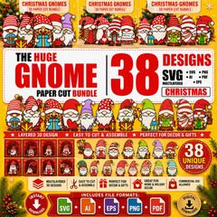 Christmas Gnome SVG Bundle, 38 Designs Multilayer 3D Papercut, Digital Download