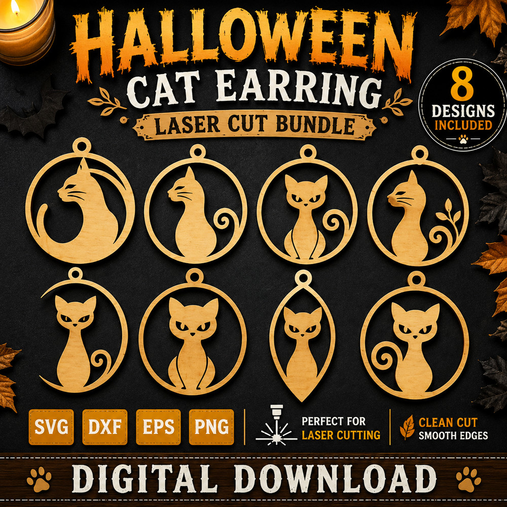 Halloween Cat Earring Laser Cut SVG Bundle, Digital Download