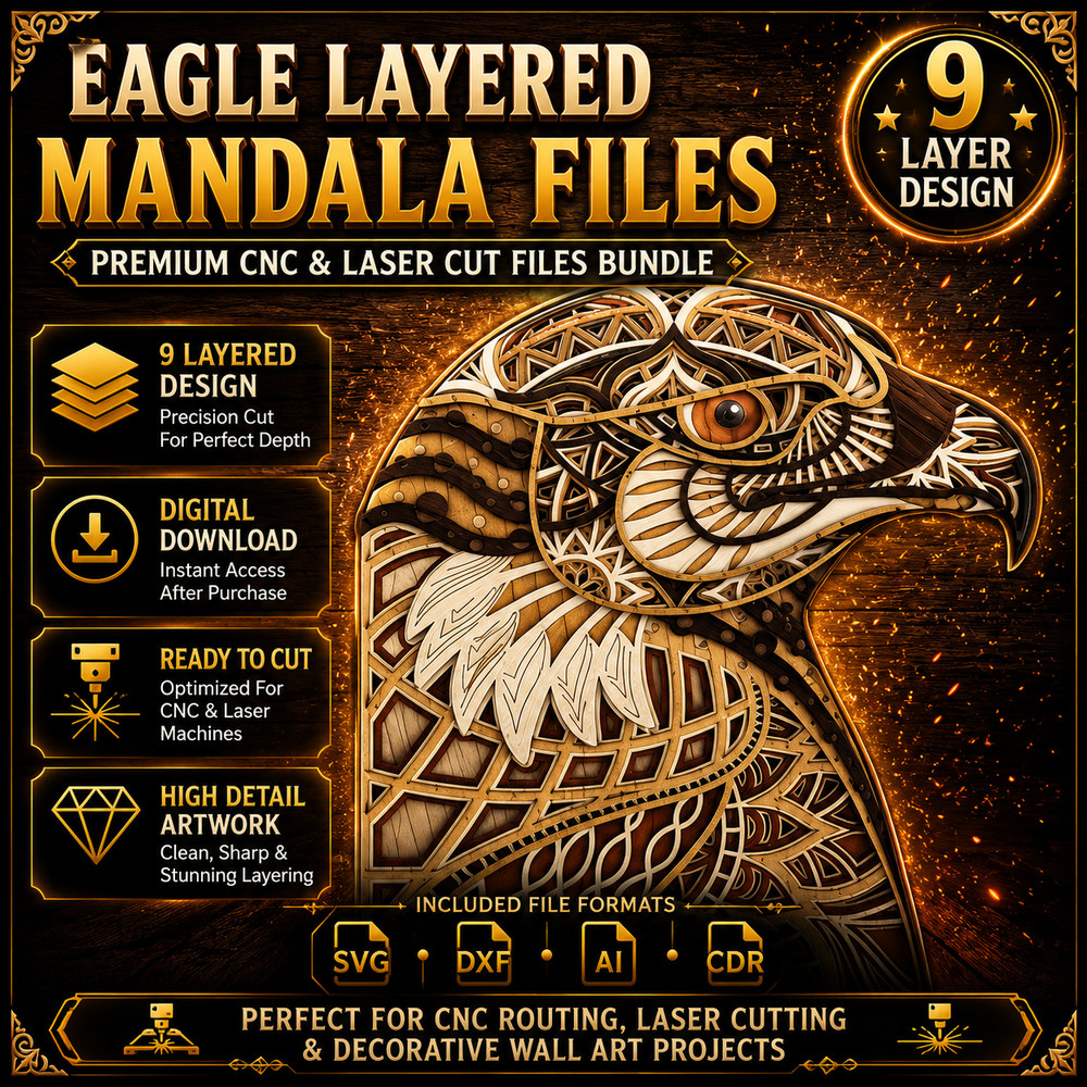 9 Layer Eagle Mandala SVG Laser Cut File | CNC DXF Wall Art Bundle