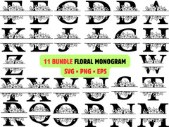 11 Floral Monogram SVG Bundle Alphabet PNG Botanical Split Letter Wedding Cricut