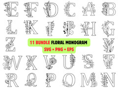 11 Floral Monogram SVG Bundle Alphabet PNG Botanical Split Letter Wedding Cricut