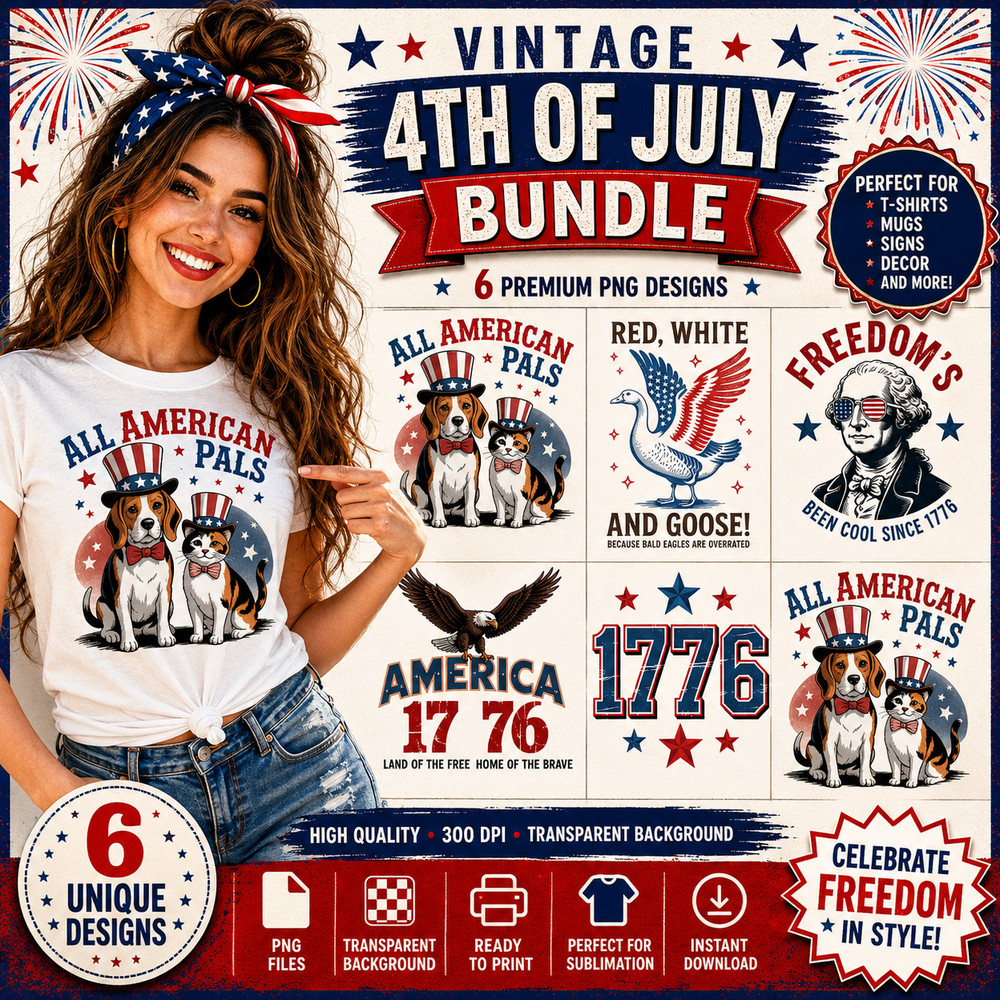 Vintage 4th of July PNG Bundle Patriotic Sublimation Designs, Digital Download