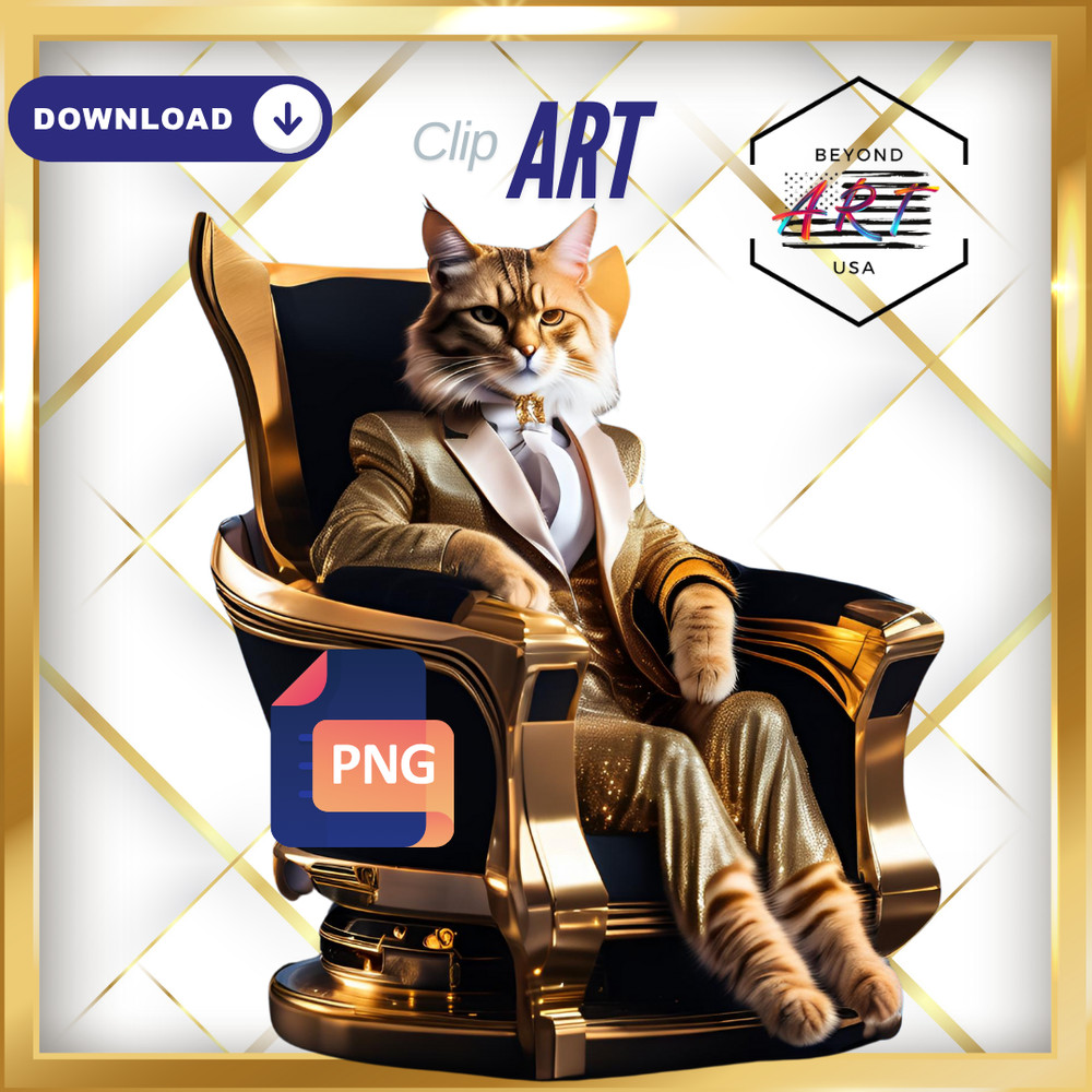 Business Cat Sitting in Gold Chair with White Tie – Digital Download Clip Art #9
