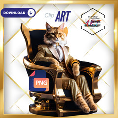 Business Cat Sitting in Gold Chair with White Tie – Digital Download Clip Art #9