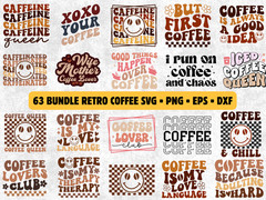 63 Retro Coffee SVG Bundle Groovy Coffee Quote PNG Smiley Face Sublimation Cricu