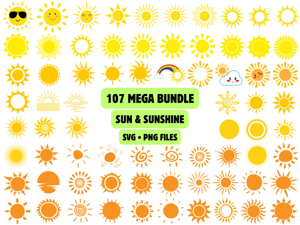 107 Sun SVG Bundle Cute Sunshine PNG Celestial Sunrise Silhouette Boho Cricut Fi