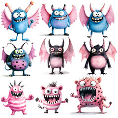 Watercolor Monsters Creatures Clip Art Sublimation Design Digital Clipart PNG