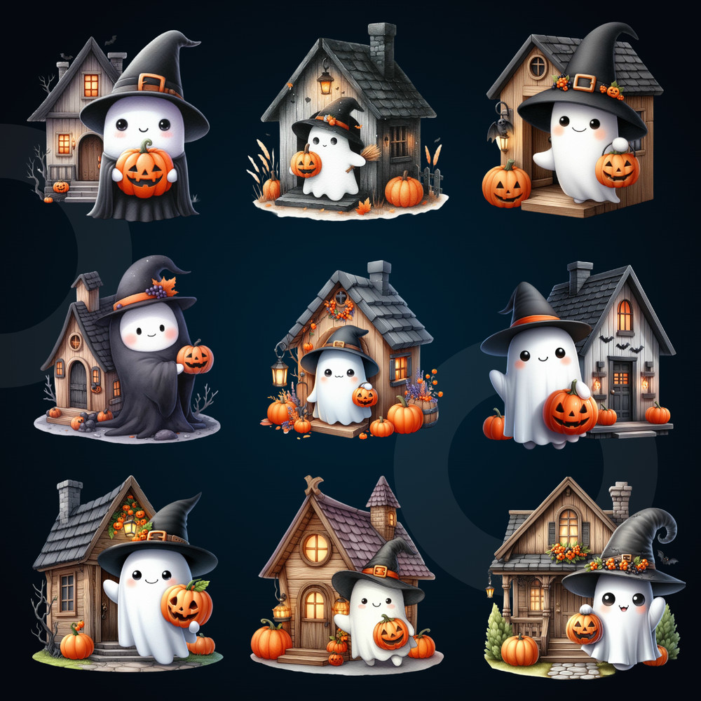 Halloween Ghost House Watercolor PNG Bundle – 22 Unique Designs